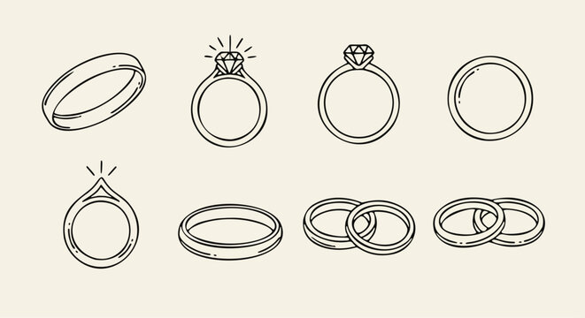 Jewelry Rings and Diamond Engagement Wedding Ring Outline Vector Set