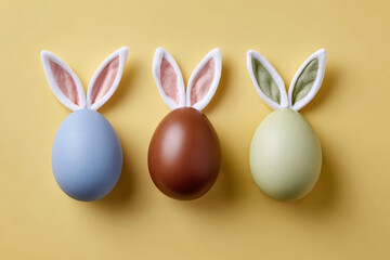 Fototapeta premium Colorful egg bunny ear Easter decoration pastel color yellow background spring holiday cute design minimal style festive still life celebration