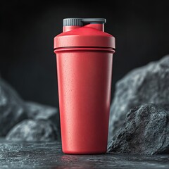 Red shaker bottle standing among dark rocks