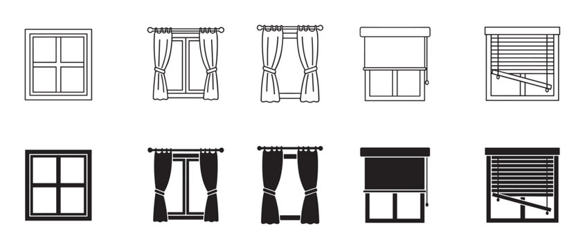 Set of black window icons showing different types of coverings like curtains, roller shades, and jalousie in both outline and solid silhouette styles for graphic design