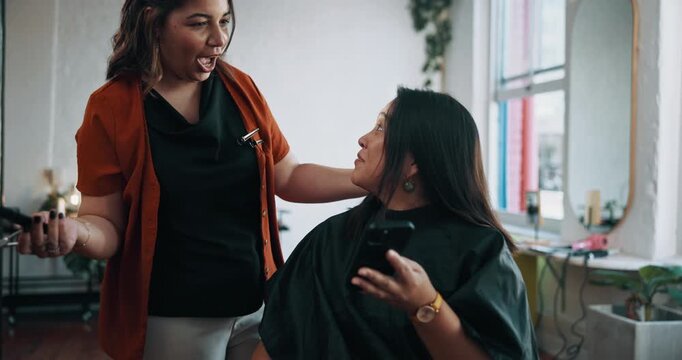 Haircut, phone and surprise with women in salon for treatment, together for celebration and hug. App, communication or wow with client, stylist in hairdressing and reaction to email notification