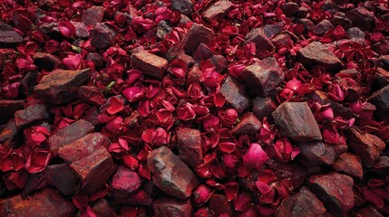 Red rose petals scattered among dark rocks