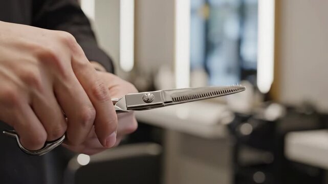 Close-up of a barber's hands operating professional thinning shears. Hairdresser using texturizing scissors in a modern salon. Hairdressing and grooming tools concept