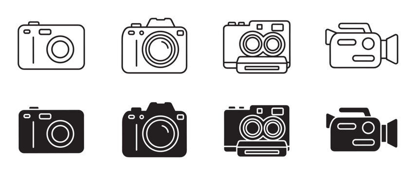 Set of black camera and camcorder icons in line art and glyph styles, featuring various models like DSLR, vintage twin-lens, and modern video recorders for graphic design