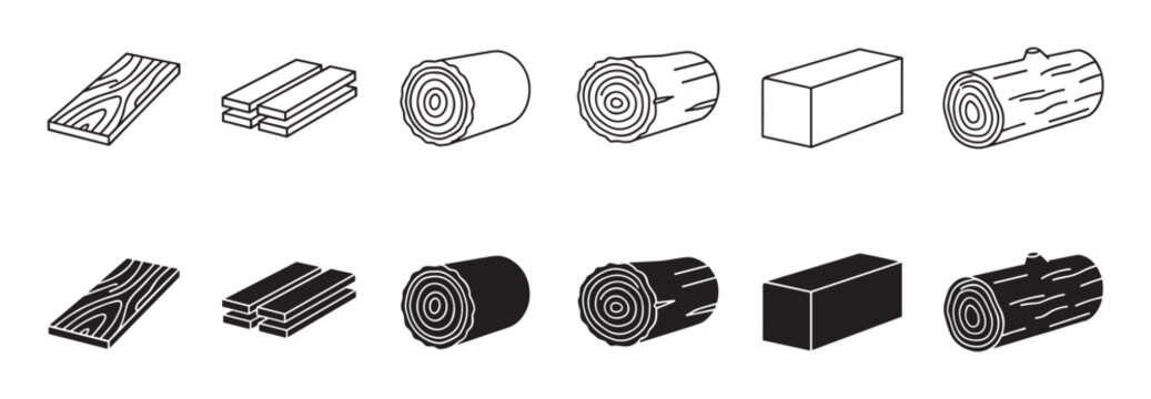 Collection of wood material icons including logs, planks, beams, and lumber, presented in two graphic styles: a minimalist black outline and a solid silhouette