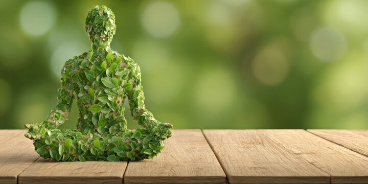 Green Leaf Human Silhouette in Lotus Meditation Pose on Rustic Wooden Surface Natural Wellness and Mindfulness Lifestyle Concept Natural Mind Body Unity