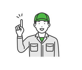 指をさす,作業着男性帽子付