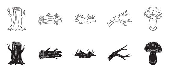 Obraz premium Set of hand-drawn forest elements including a tree stump, log, branch, grass, and mushroom, presented in both black outline and solid silhouette styles for versatile design use