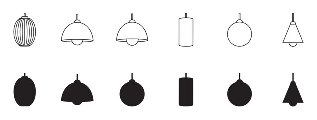 Collection of modern pendant light vector icons showing different designs in two styles, a simple black outline and a filled solid black silhouette for interior design concepts