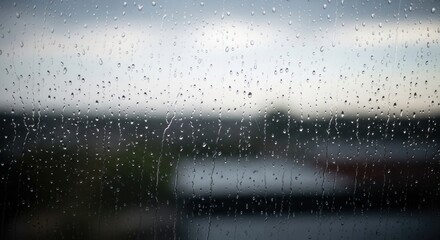 Obraz premium Raindrops on window, blurred landscape visible through the drops, overcast weather