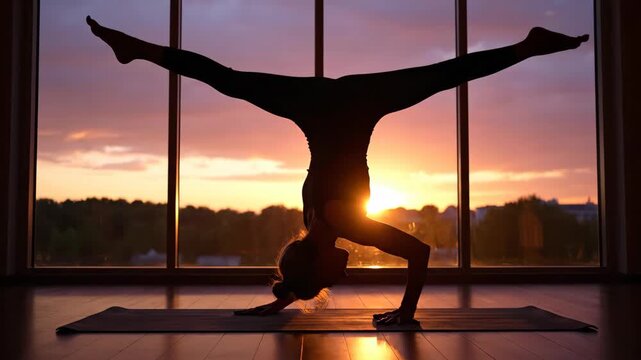 Silhouette of a woman doing a yoga handstand with a leg split. A flexible yogi holds a balanced inversion pose against a beautiful sunset. Fitness and wellness concept
