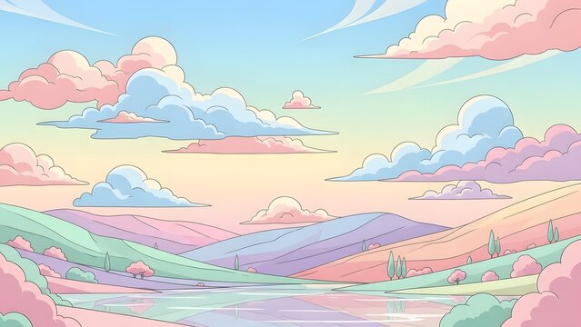 A whimsical landscape of pastel hills and dreamy floating clouds in a vibrant sky
