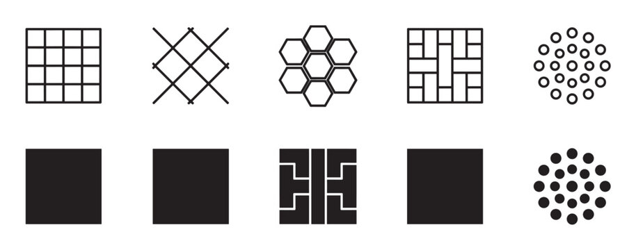 Collection of ten black geometric icons and shapes in minimalist line art and solid fill styles, featuring various patterns like grids, honeycombs, circles, and squares