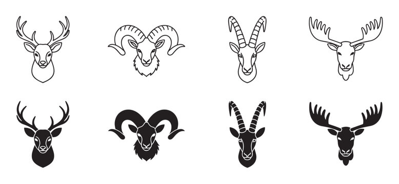 Set of wild animal head icons featuring a deer, ram, ibex, and moose in both black line art and solid silhouette styles for logos, emblems, or graphic design elements