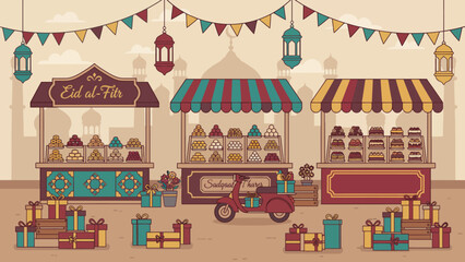 Vibrant market scene with colorful stalls selling sweet treats from a cart under festive decorations