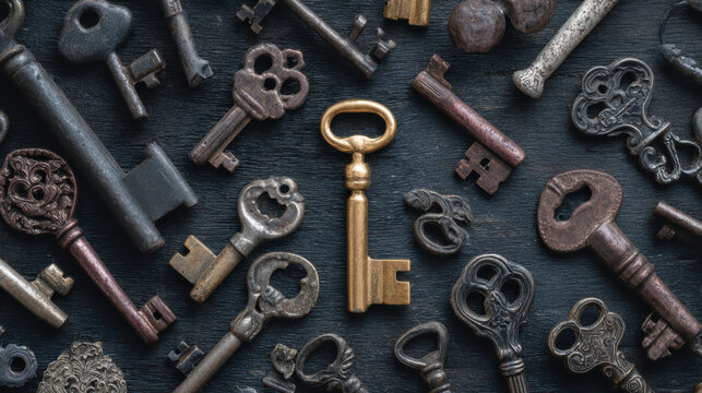 Vintage key antique key metal key old key retro key rustic key brass key iron key collection key pattern key dark wooden background creative