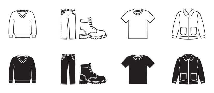 Men's clothing and footwear icon set featuring a sweater, jeans, boot, t-shirt, and jacket in both line art and solid black silhouette styles for graphic design