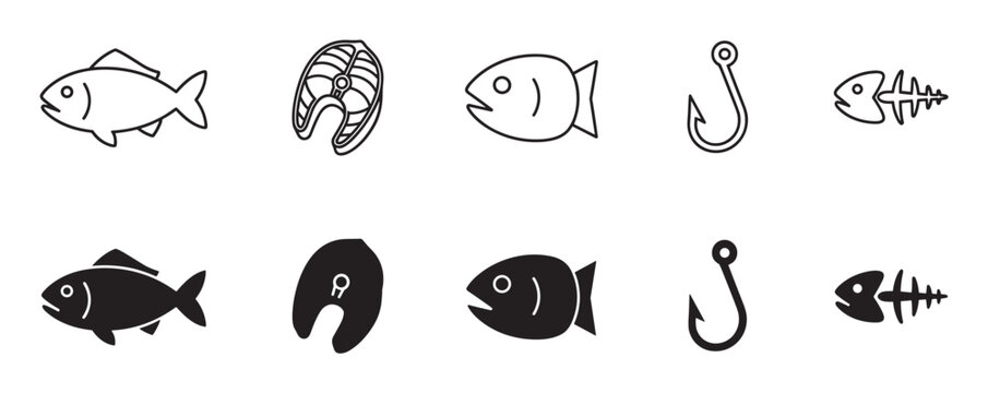 Set of black fish and fishing icons in two distinct styles, line art and solid glyph, featuring a whole fish, steak, hook, and skeleton illustration