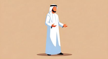 Man in traditional attire gesturing in a neutral environment from a straightforward viewpoint