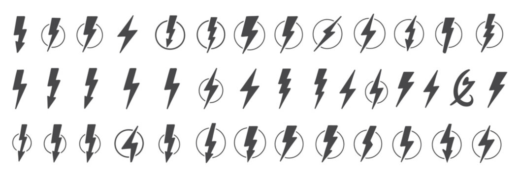 lightning bolt vector icon set, black lightning icon designs on white background, energy symbols for web, print, logo design.