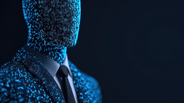 Futuristic Digital Human Figure Composed of Glowing Blue Data Bits Wearing Formal Attire Artificial Intelligence Executive and Digital Identity Concept Virtual Executive Presence