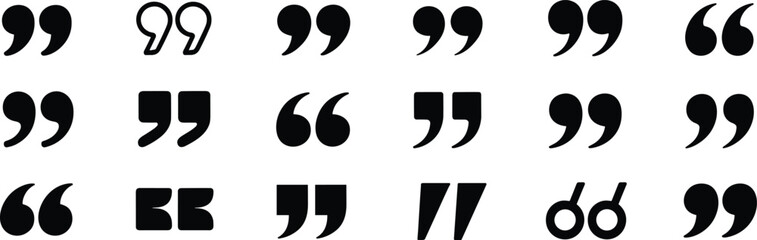 Obraz premium Variety of black quotation marks icons, different styles, punctuation symbols, speech marks, vector graphics, typographic design elements, quote symbols, text punctuation