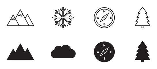 Collection of black nature and travel icons including a mountain, snowflake, compass, and tree, presented in both simple outline and solid filled silhouette graphic styles