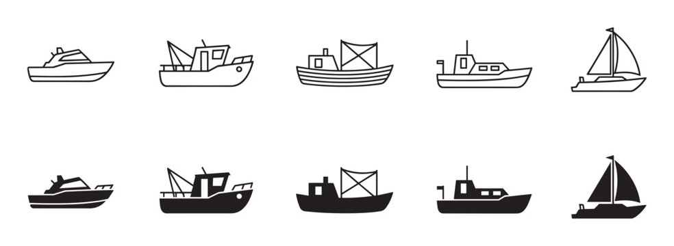 Collection of boat and ship icons in a minimalist style, featuring a yacht, trawler, and sailboat shown as both black line art outlines and solid filled silhouettes