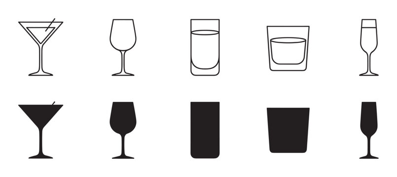 Collection of black beverage glass icons in minimalist outline and silhouette styles for various cocktails, wine, and spirits, presented as a graphic vector illustration set