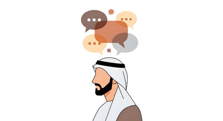 Man in traditional attire lost in thought with speech bubbles above his head, contemplating ideas and expressing thoughts from a side viewpoint