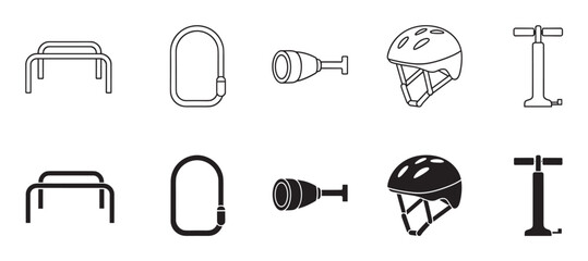 Collection of sports and outdoor equipment icons showing parallel bars, a carabiner, a bicycle light, a helmet, and a pump in both outline and solid glyph styles