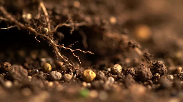 Close-up of Soil Structure with Visible Roots and Nutrients.