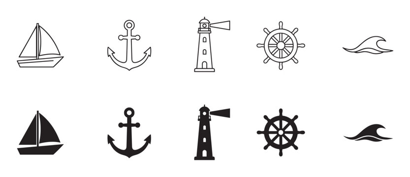 Set of black nautical icons featuring a sailboat, anchor, lighthouse, ship's wheel, and wave, presented in both minimalist outline and solid silhouette styles for graphic design