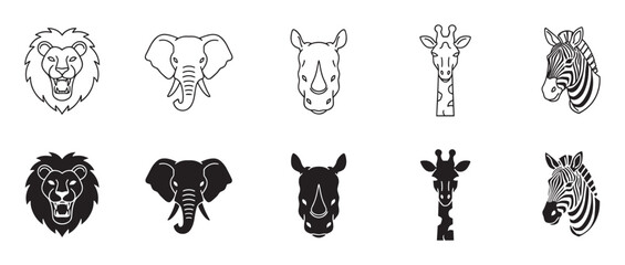 Naklejka premium Set of ten wild animal head icons featuring a lion, elephant, rhino, giraffe, and zebra in two distinct styles, line art and solid black silhouette for graphic design