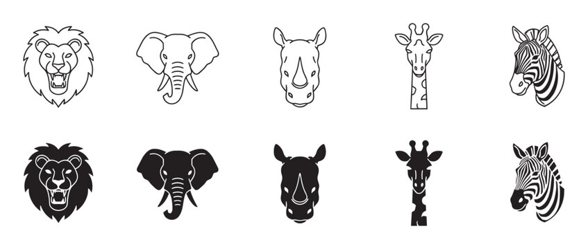 Set of ten wild animal head icons featuring a lion, elephant, rhino, giraffe, and zebra in two distinct styles, line art and solid black silhouette for graphic design