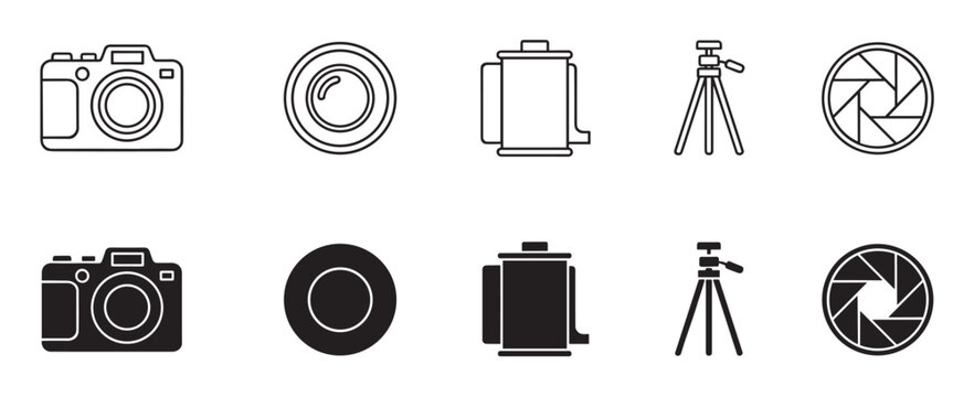 Black photography and camera icon collection set with line art and solid glyph styles including a lens, film roll, tripod, and aperture symbol for graphic design elements