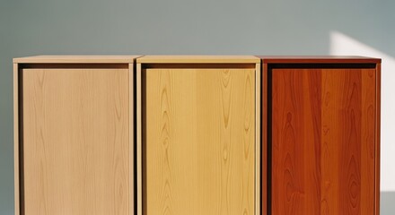 Fototapeta premium Three wooden cabinets stand side-by-side against a grey wall with sunlight