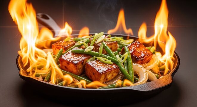 Tofu, greens, and onions sear in a pan engulfed in dramatic flames