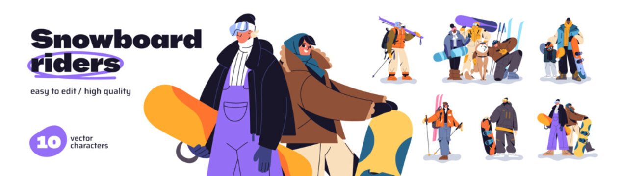 Set of snowboard and ski riders. People with sports equipment, boards for winter riding in snow mountains. Athletes are in skaters' clothes. Flat isolated vector illustrations on white background.