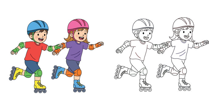 Cute cartoon children roller skating together with coloring page outline. Vector illustration of boy and girl playing sport for kids coloring book.