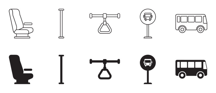 Set of public transportation icons showing a bus, passenger seat, hanging strap, pole, and bus stop sign in black outline and solid silhouette vector illustration styles