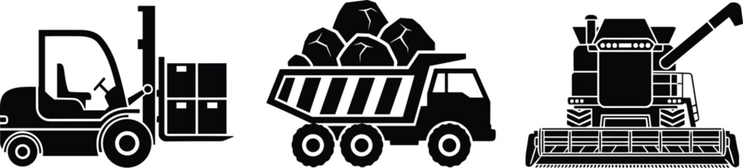 Black silhouette icons of heavy machinery including a forklift, dump truck, and combine harvester for industrial, construction, logistics, and agricultural equipment concepts. © Creative Mind