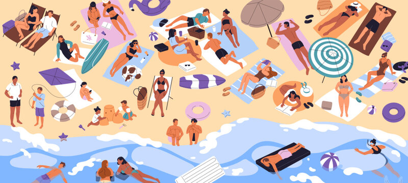 Crowd of people is sunbathing on beach and swimming in ocean. Tourists with kids relax, lying on seashore, have a rest on sea resort. Summer vacation on coast top view. Flat vector illustration.