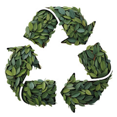 Recycling symbol made of green leaves isolated on transparent background, png
