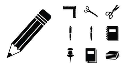 Obraz premium Black and white icons depicting various school and office supplies