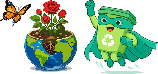 Fototapeta premium Cute Eco Superhero Character Protecting Earth with Growing Roses and Butterfly – Environmental Sustainability Cartoon Illustration
