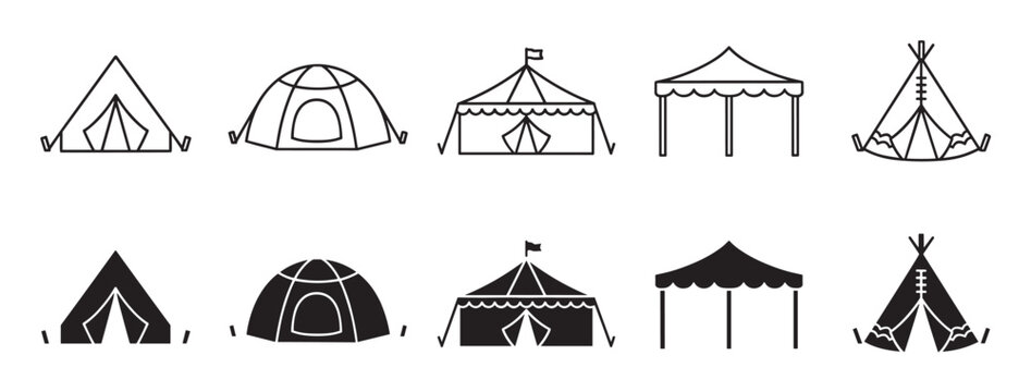 Set of black and white tent icons in different styles including camping, circus, canopy, and teepee designs presented in both outline and solid silhouette vector illustrations