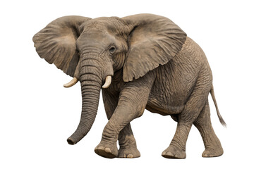 Obraz premium African bush elephant walking, showing its large tusks, ears, and trunk on a transparent background, wildlife conservation