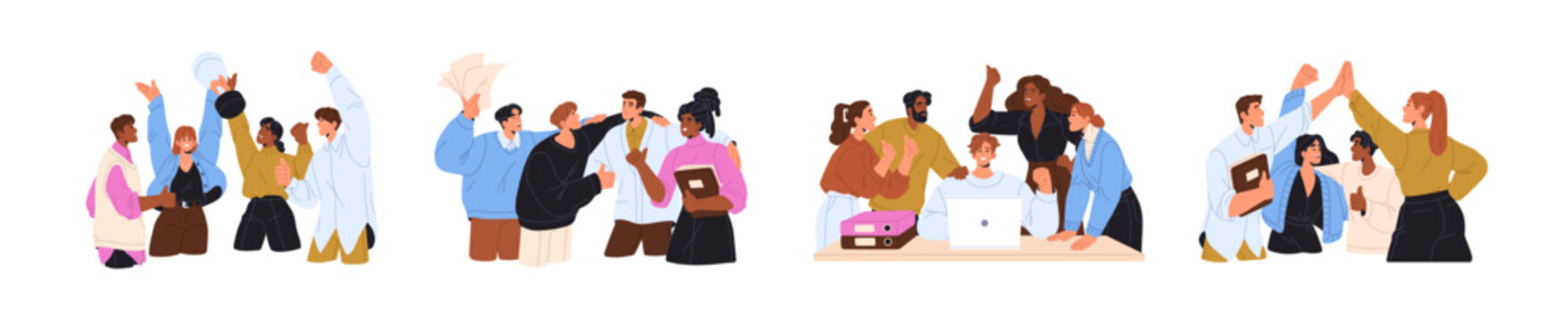 Business team celebrates win together set. Happy colleagues, congratulate with work success. People are coworking, employees support, rejoice at teamwork. Flat isolated vector illustrations on white.