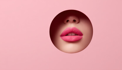 Woman red lips peeking through torn paper background with copy space for love romance and valentine designs